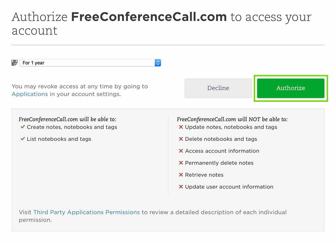 授權Evernote以訪問Freeconferencecall.com帳戶頁面