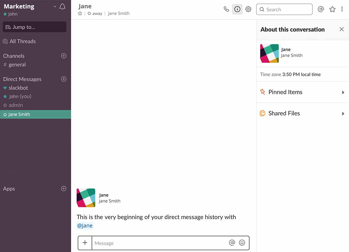 صفحة معلومات حساب Slack