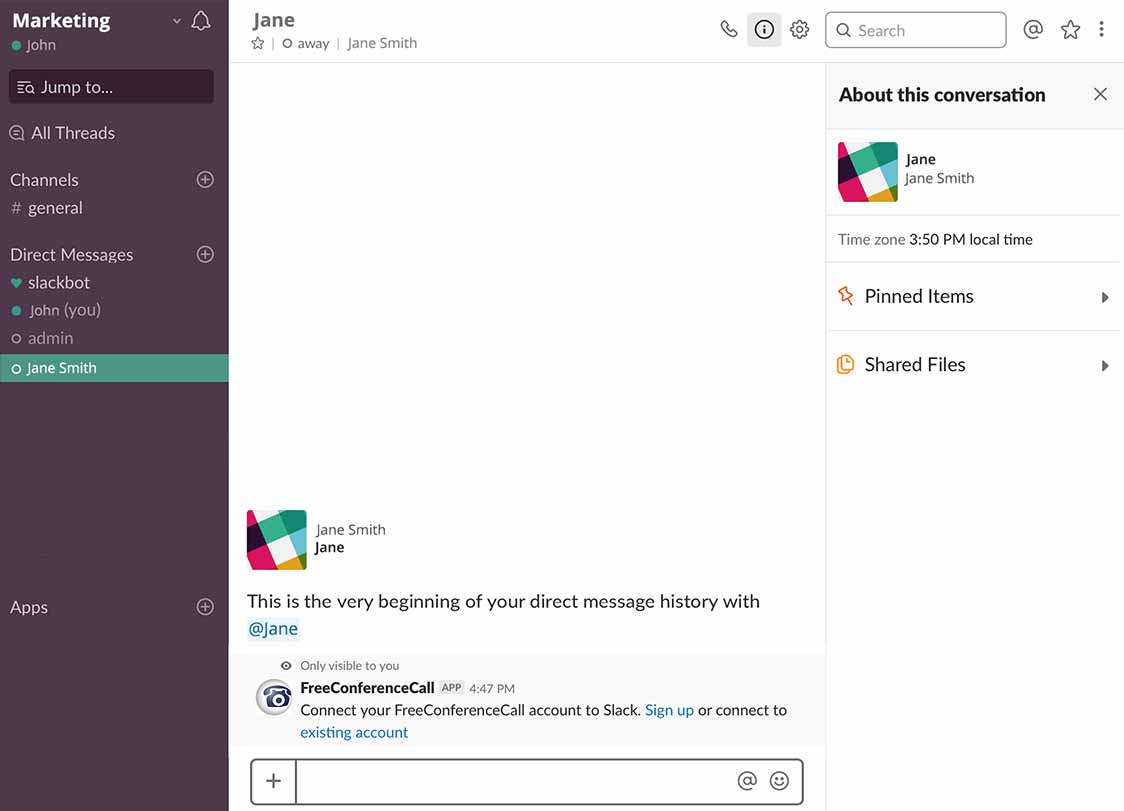 Richiesta Slack delle opzioni per accedere o registrare un nuovo account su Freeconferencecall.